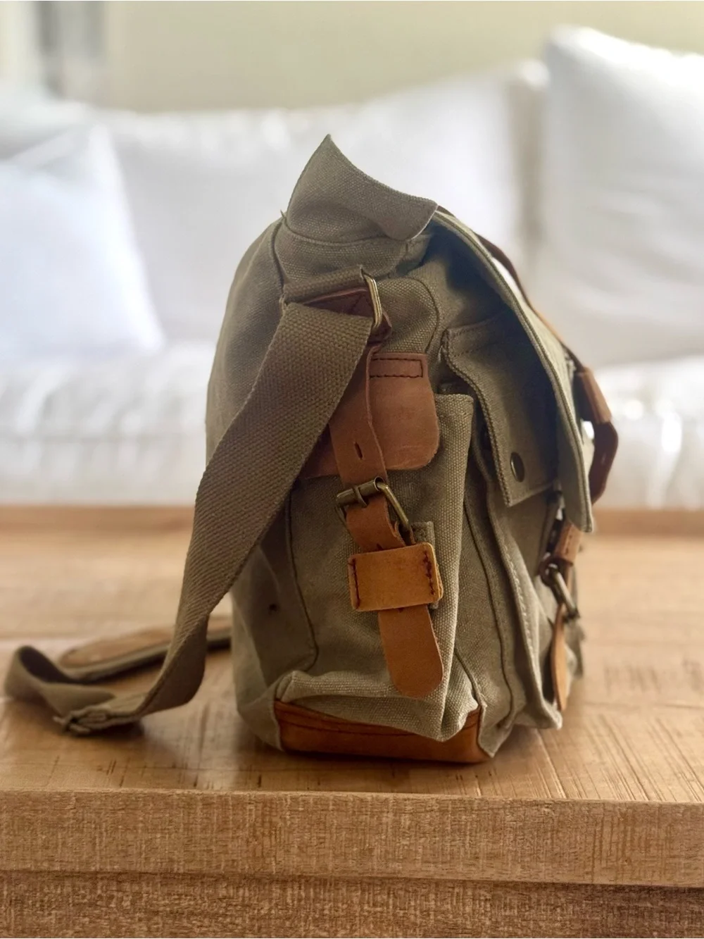 New Canvas Messenger Bag with Leather Straps - Olive army green khaki unisex